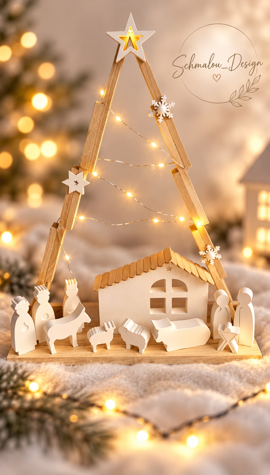 Handgemachte Weihnachtskrippe mit Beleuchtung
